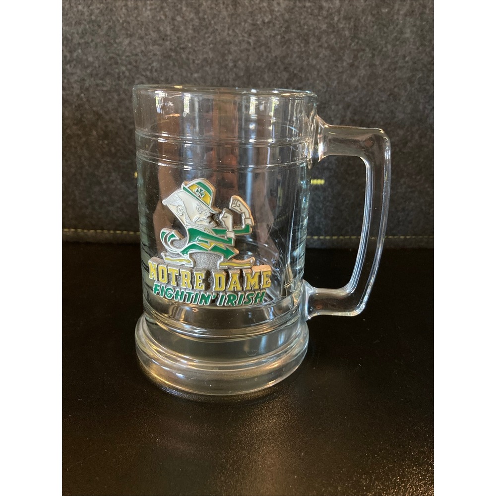 Notre Dame Fightin Irish Glass Beer Mug Pewter Emblem Leprechaun Stein‎ 5.5 inch